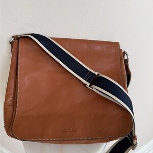 Coach Tan Leather Messenger Bag with Black Strap